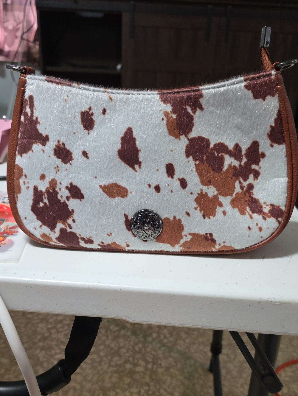 Cowhide Print Shoulder Bag – Brown/White